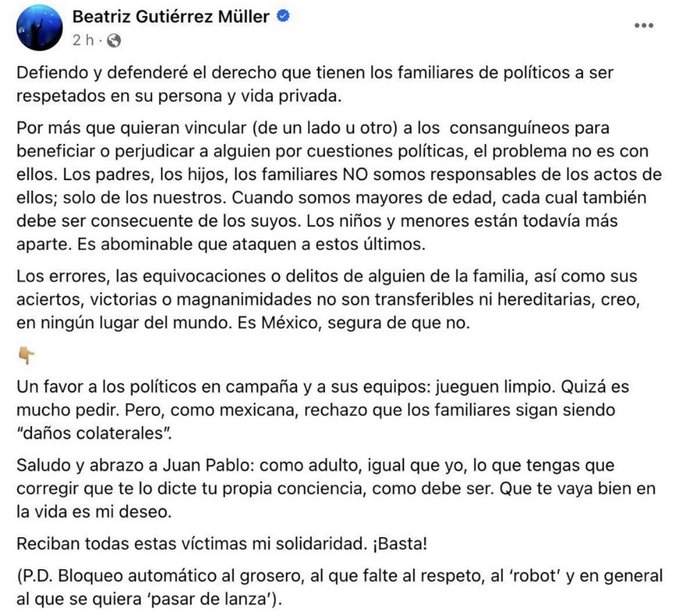 “Saludo y abrazo a Juan Pablo: como adulto, igual que yo, lo que tengas que corregir, que te lo dicte tu propia conciencia, como debe ser. Que te vaya bien en la vida es mi deseo”, manifestó al hijo de Gálvez Ruiz.