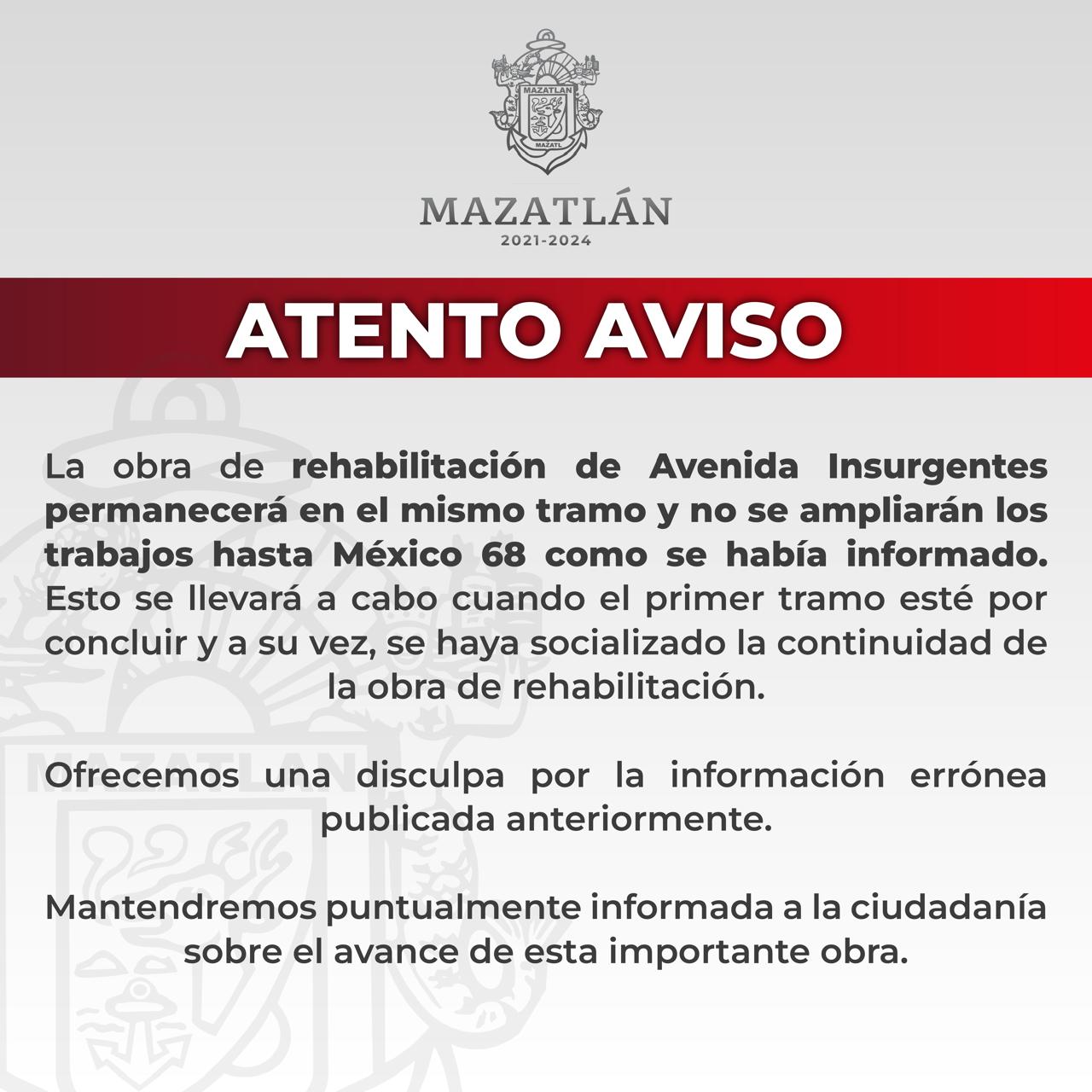 La obra de rehabilitación de Avenida Insurgentes permanecerá en el mismo tramo y no se ampliarán los trabajos hasta México 68 como se había informado. Esto se llevará a cabo cuando el primer tramo esté por concluir y a su vez, se haya socializado la continuidad de la obra de rehabilitación.
