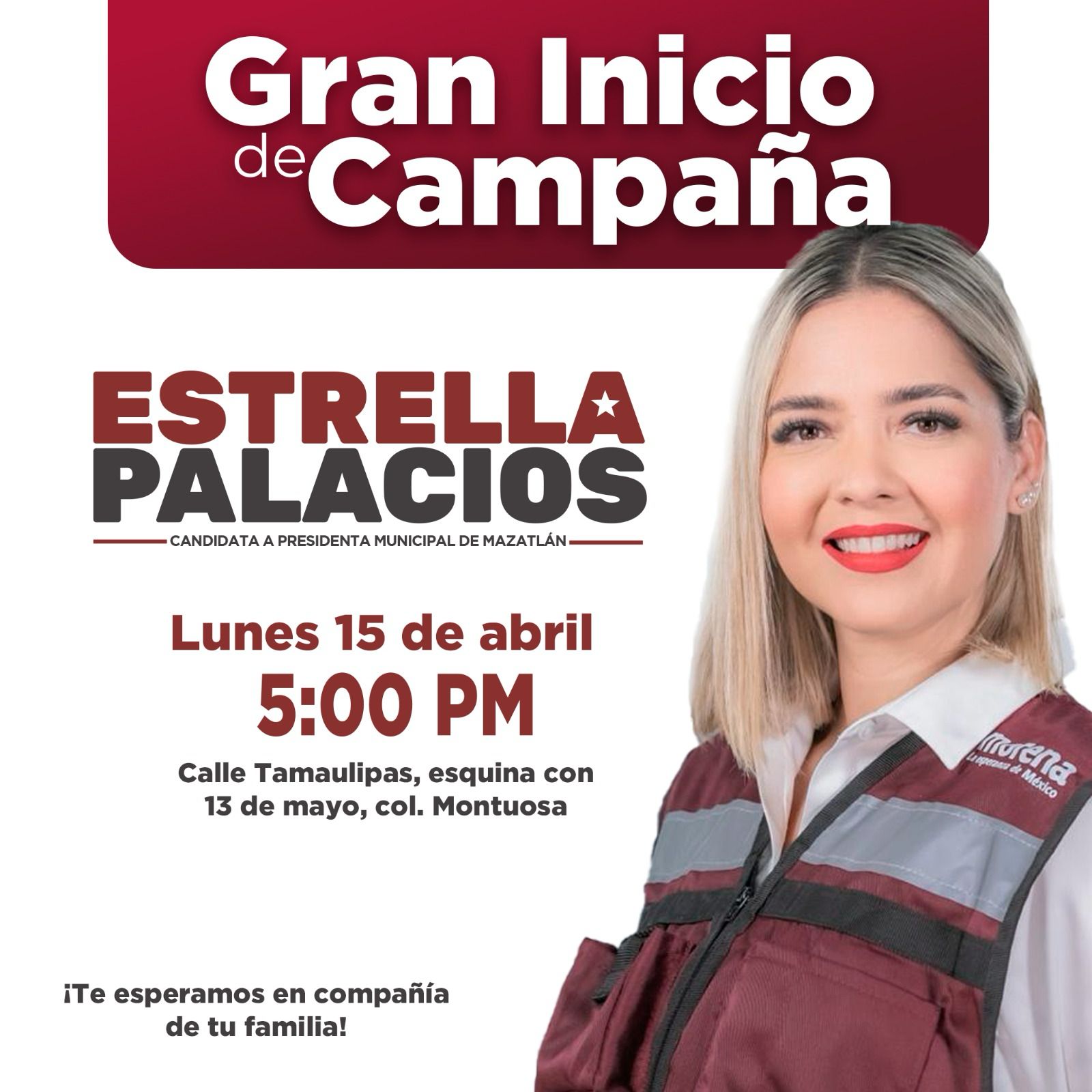 , Estrella Palacios Domínguez, candidata de MORENA y el partido VERDE a la alcaldía de Mazatlán, tendrá el arranque formal en la populosa colonia Montuosa, concretamente en el punto en la calle Tamaulipas y 13 de Mayo, a las 17:00 horas.