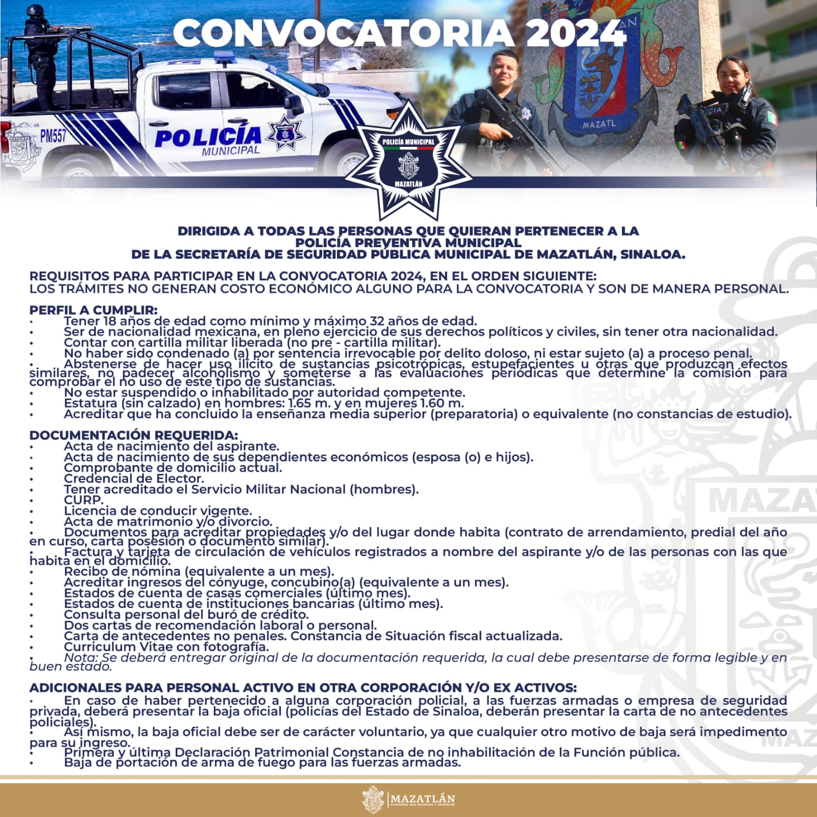 Convocatoria de selección para aspirantes de Policía en Mazatlán a una semana para recepción de documentación
