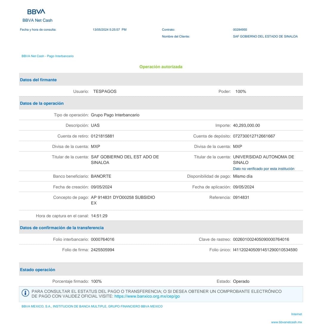 El gobernador Rubén Rocha Moya autorizó a la secretaría de Administración y Finanzas para que realizara un nuevo depósito por 121 millones de pesos, a solicitud de las autoridades de la Universidad Autónoma de Sinaloa, a fin de estar en condiciones para cumplir sus compromisos fiscales ante el adeudo que mantiene la institución educativa con el Servicio de Administración Tributaria (SAT).