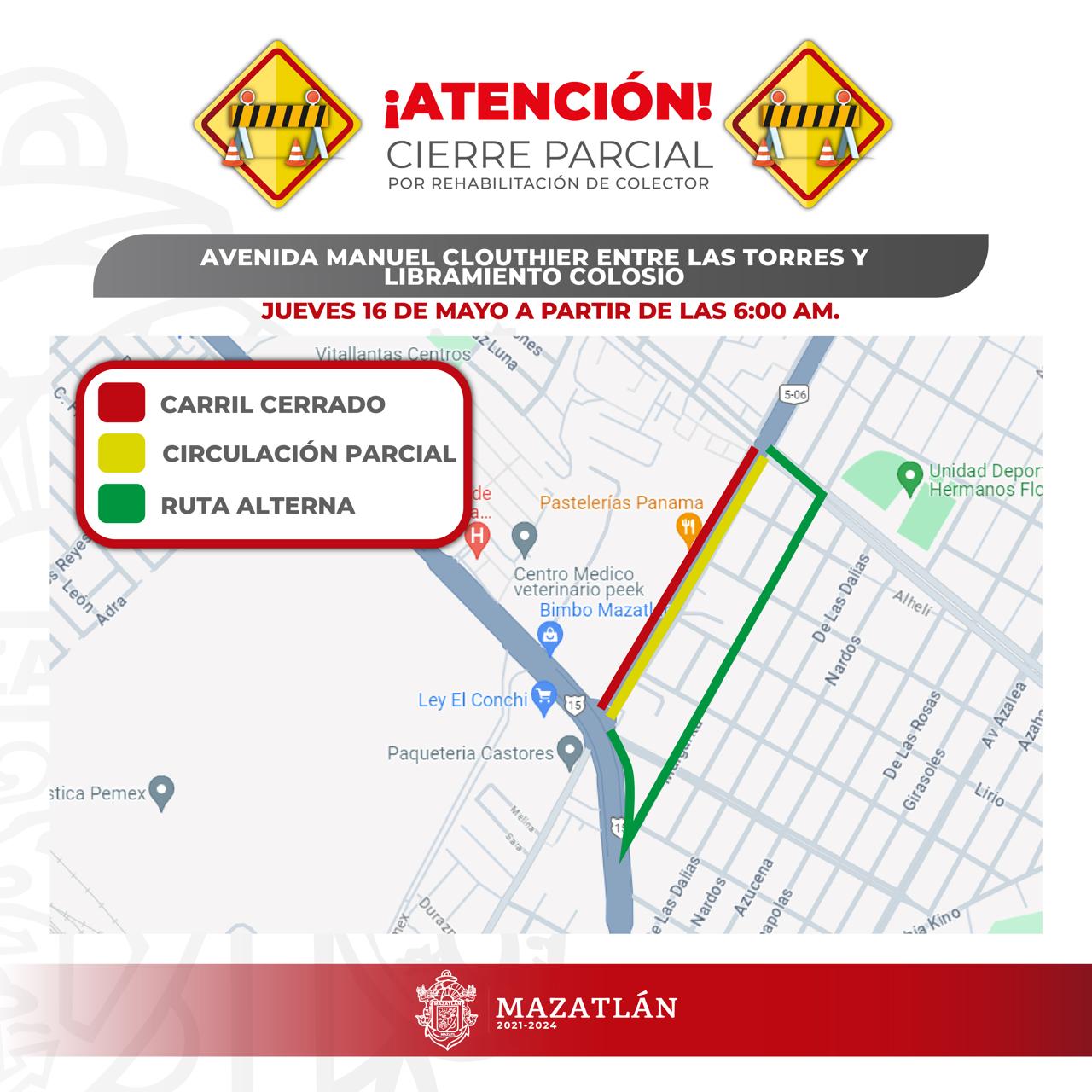 El próximo jueves 16 de mayo a partir de las 6:00 horas serán cerrados los carriles de circulación de norte a sur en un tramo de la avenida Manuel J. Clouthier, entre avenida Las Torres y Libramiento Luis Donaldo Colosio,