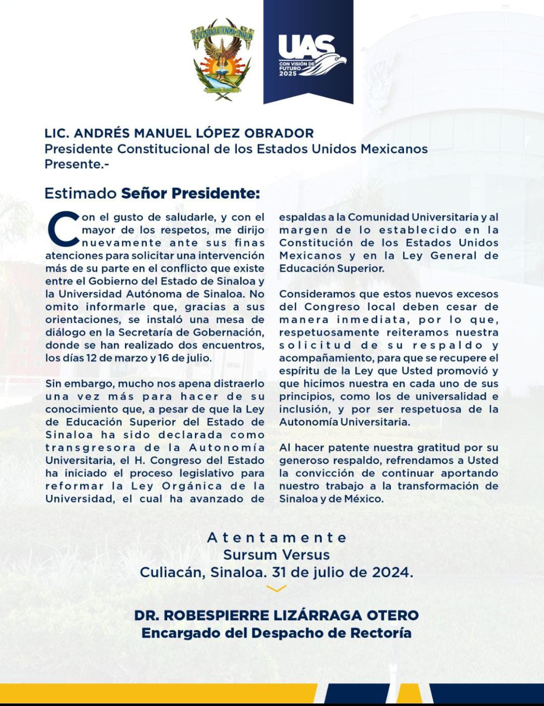 La UAS solicita la intervención de AMLO.