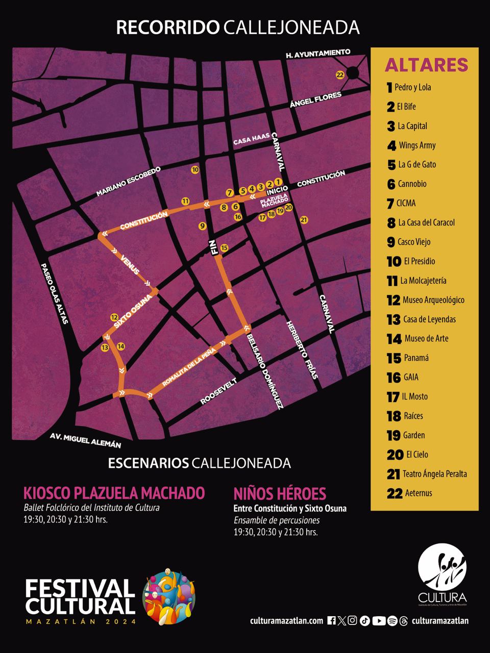 -	Este lunes entrega de boletos en el pórtico del TAP

Mazatlán, Sinaloa,.- El Centro Municipal de las Artes (CMA)  y el Teatro Ángela Peralta se unen para rendir tributo al Día de Muertos y celebrar el 150 aniversario del TAP, con una exhibición artística sin precedentes.   
En este esperado evento organizado por el Instituto de Cultura de Mazatlán participan 400 artistas.  La celebración de Día de Muertos tendrá como escenarios el Teatro Ángela Peralta, el CMA, la Plazuela Machado y calles del Centro Histórico de Mazatlán. 
A través de una atractiva propuesta multidisciplinaria la comunidad artística del CMA dará vida a personajes y hechos históricos que catapultaron al Teatro Ángela Peralta como testigo silente de la grandeza artística de Mazatlán.
Para presenciar el evento en el CMA y el TAP se entregarán  boletos sin costo este lunes 28 de octubre  a las 10:00 am  en el pórtico del teatro. 
 Durante el esperado recorrido por las entrañas del CMA y el TAP,  estudiantes y artistas profesionales de las escuelas y talleres de Artes Plásticas, Música, Danza y Teatro del CMA, presentarán obras especialmente creadas para rendir homenaje a los muertos y recordar hechos y personajes que han enriquecido  la historia del máximo recinto cultural de la ciudad.
La decoración e iluminación especialmente diseñadas para la ocasión y la presencia  de personajes de ultratumba, fantasmas, calaveras y esqueletos ligados a la historia del teatro, creados por alumnos y maestros de la Escuela de Artes Plásticas bajo la coordinación de Mónica Rice,  darán un significado profundo  y simbólico al recorrido.
Callejoneada a partir de las 8:00 pm
La tradicional Callejoneada de Día de Muertos garantiza una auténtica celebración andante donde la música de banda, malabaristas, zanqueros y una espectacular catrina diseñada por el artista Luis Antonio Ríos,  serán la atracción de miles de  locales y turistas.
La procesión iniciará en calle Carnaval a la altura de la Plazuela Machado, continuará por la calle Constitución, avanzará hacia Venus para tomar la calle Sixto Osuna, Romanita de la Peña y concluir en Belisario Domínguez, a unos pasos de la Machado.
En el trayecto habrá visitas para contemplar 22 altares de muertos colocados en negocios de la zona y el Museo de Arte de Mazatlán, y no faltará el reparto de cerveza en el camino y en dos estaciones fijas.
