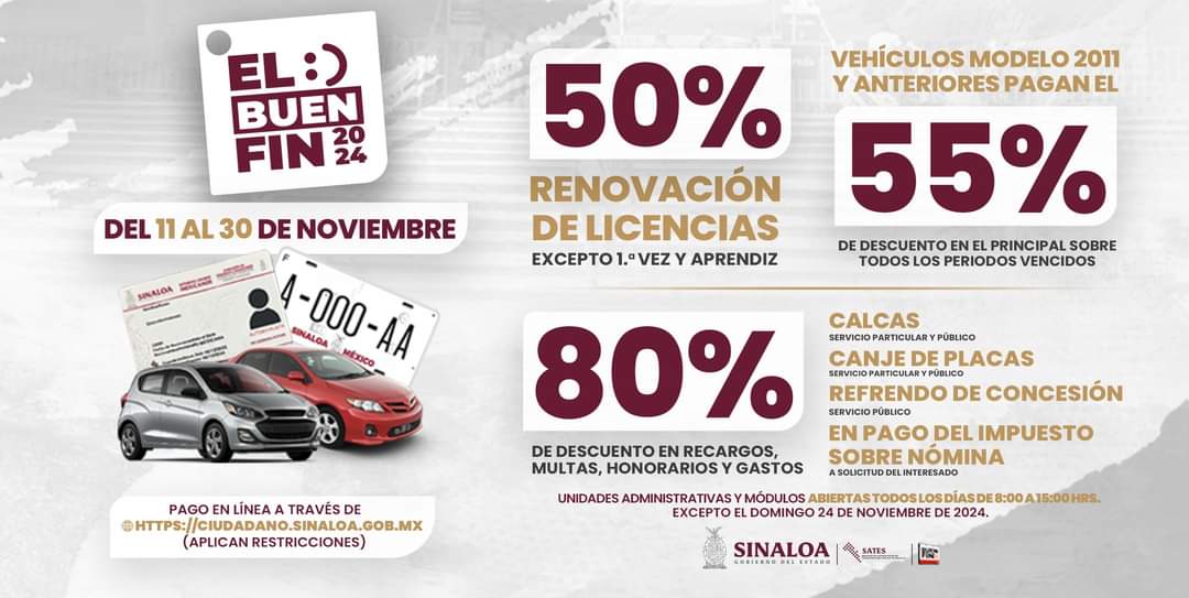El Buen Fin 2024 será del 11 al 30 de noviembre del presente año. Se estará laborando en todas las oficinas de Recaudación del Estado, incluyendo sábados y domingos, con un horario de atención de 8 am a 3 pm, excepto el domingo 24 de noviembre.