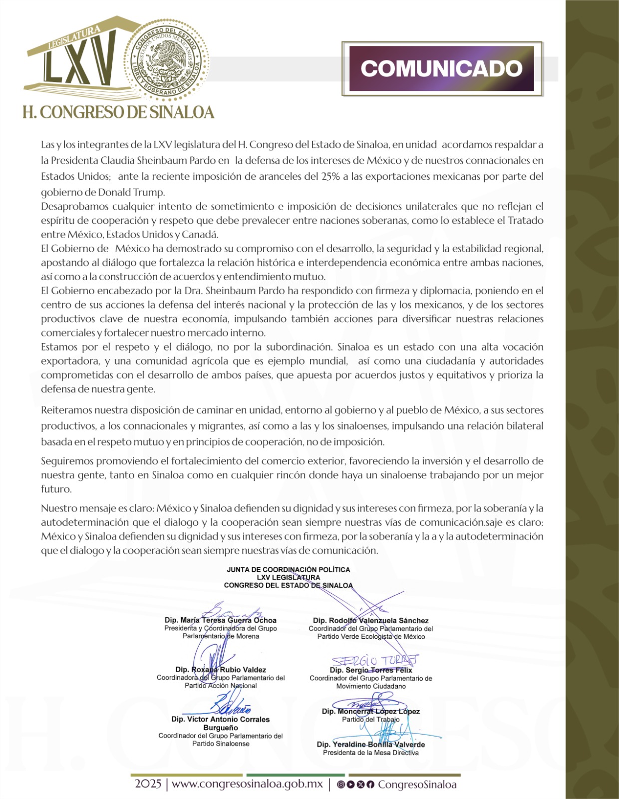 Signan diputados y diputadas respaldo a la presidenta Claudia Sheinbaum en la defensa de los intereses del país