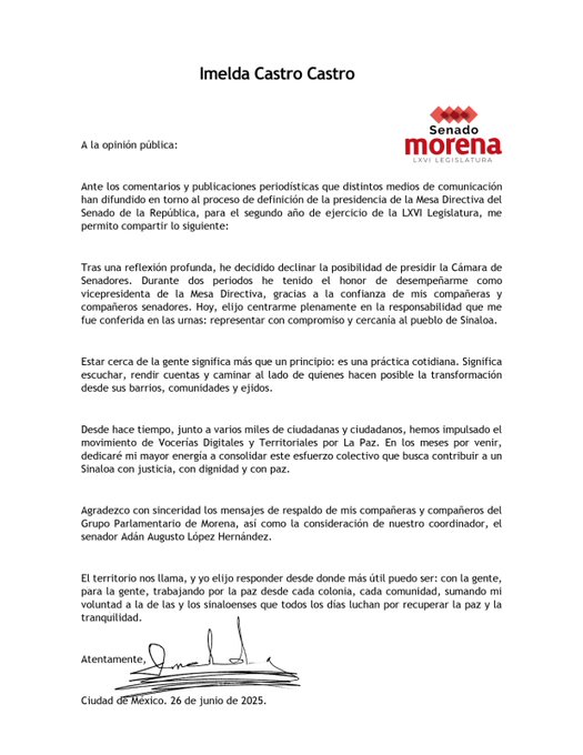 Merecidísimo reconocimiento a la activista Lorena Patricia Páez Brito.
Aprueba Congreso del Estado “Igual trabajo, igual salario”.
Imelda Castro se abre de capa y anuncia regreso al territorio.
No pueden con el Penal de Aguaruto, o qué?.