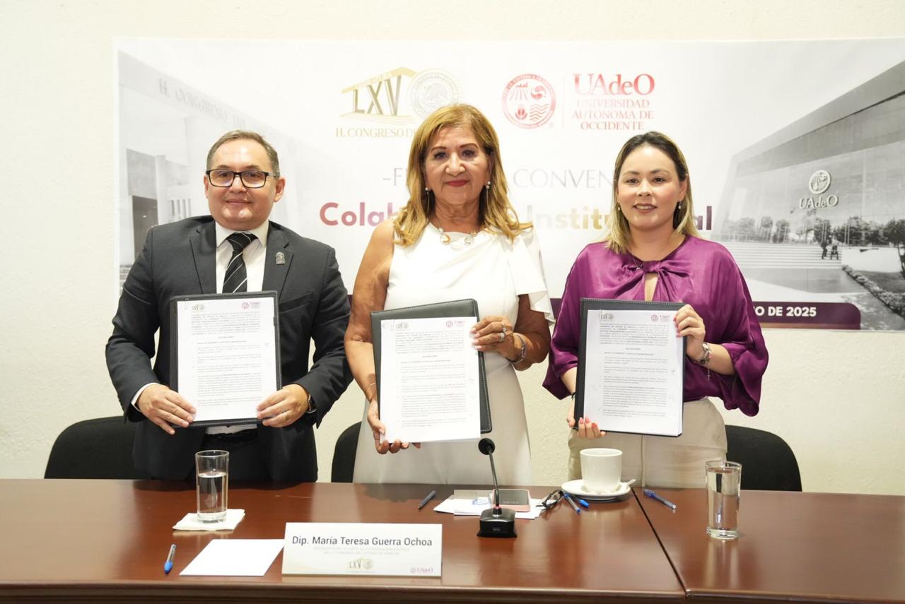 El Congreso del Estado de Sinaloa y la Universidad Autónoma de Occidente firmaron este miércoles un Convenio de Colaboración Institucional que permitirá realizar diversas actividades académicas y sumar recursos y capacidades, incluyendo estancias para alumnos y docentes, y como primera actividad se impartirá el diplomado Ciudadanía en Construcción de Paz.