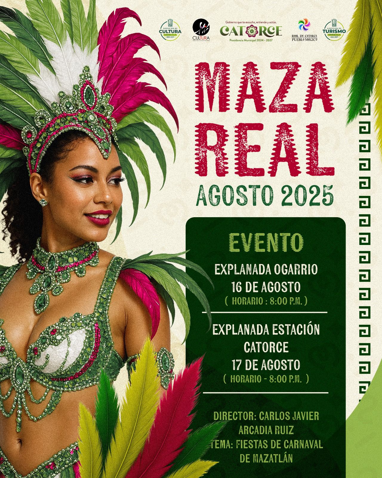 La magia, la tradición y la alegría del Carnaval Internacional de Mazatlán, llegará a San Luis Potosí el próximo 16 y 17 de agosto en la fiesta Maza Real, un evento colorido que une a los municipios de Mazatlán, Sinaloa y Catorce, San Luis Potosí