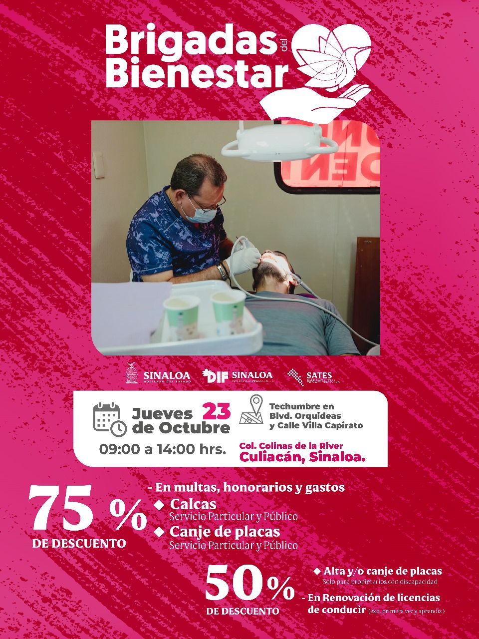 Siguiendo las indicaciones del Gobernador Rubén Rocha Moya, de acercar trámites y servicios a la población sinaloense, el Sates informa que, como parte de “Las Brigadas del Bienestar" del sistema DIF estatal, las oficinas de recaudación pondrán a disposición de los contribuyentes descuentos en materia de control vehicular.
