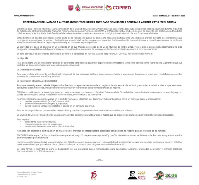 El Copred se pronunció luego de que el director técnico de Mazatlán hiciera comentarios misóginos tras una decisión arbitral de García