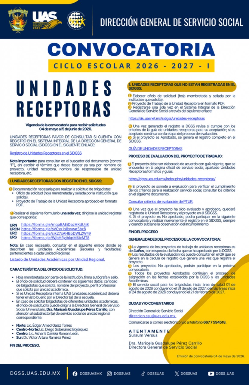 Abre la UAS convocatorias del ciclo escolar 2026-2027-I para Brigadistas y Unidades Receptoras de Servicio Social; fechas, requisitos y cómo registrarte